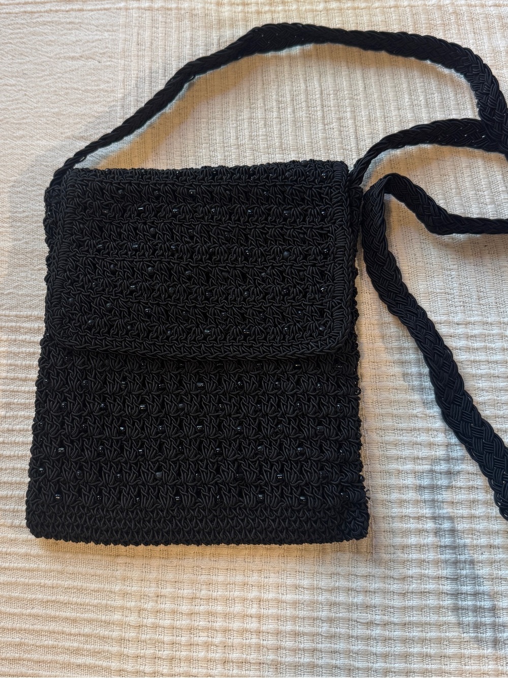 Woven Beaded Y2K Crossbody Bag w/ Flap and Zipper- Amanda Smith Black Satchel